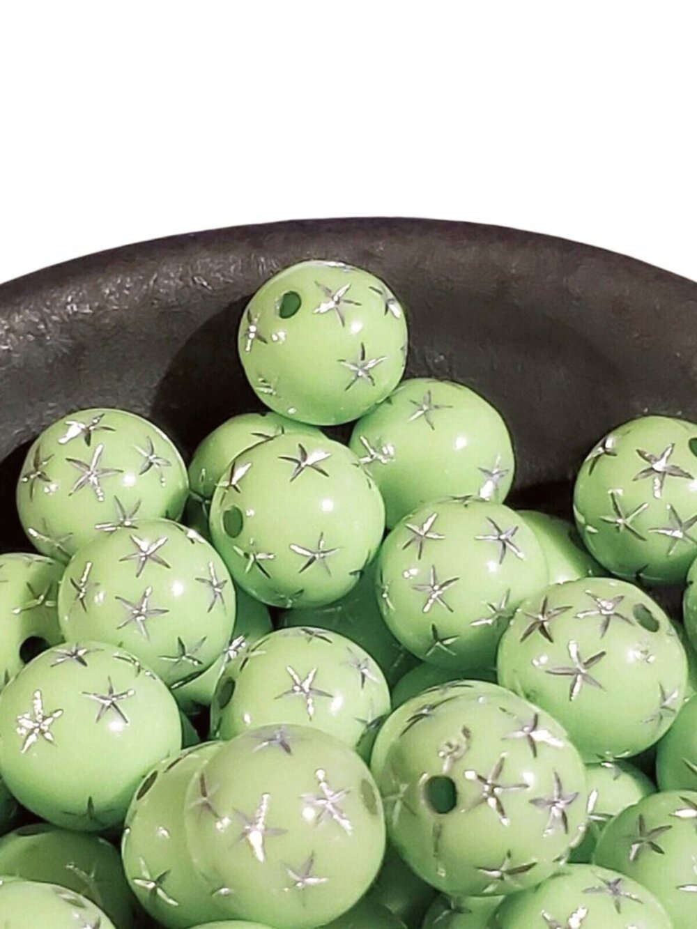 10 Vintage Retro Lime Green Silver Stars 12mm Round Acrylic Shabby Beads